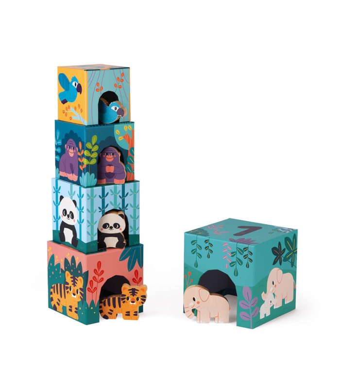 Pirámide de cartón y figuritas de madera Animales