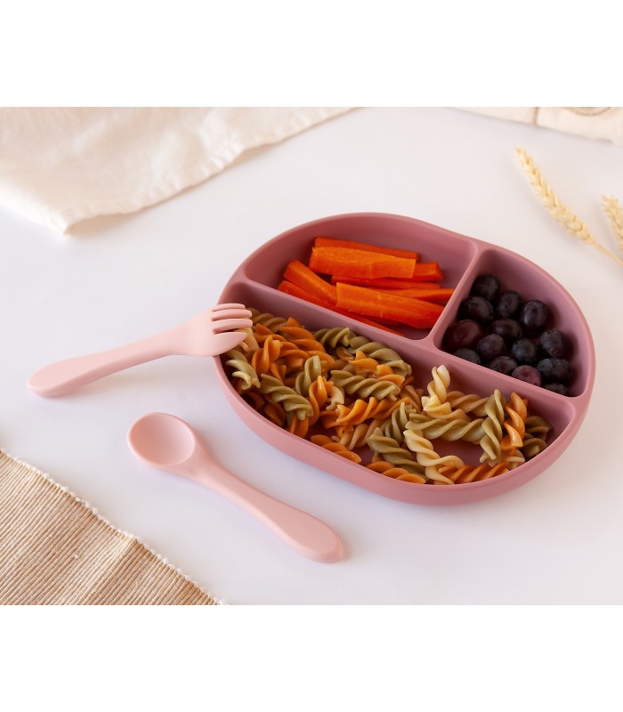 SET DE CUBIERTOS Y BANDEJA BLW EN SILICONA CON DIVISIONES Y VENTOSA